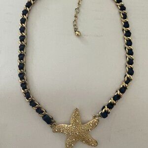 Starfish Necklace  Gold Colored and Navy Ribbon 9"